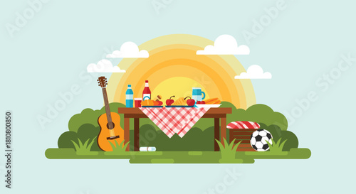 Picnic scene with guitar, food, drinks, and a soccer ball under a sunny sky.