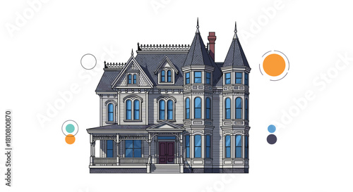 A detailed illustration of a classic Victorian or Queen Anne style house featuring gables, turrets, and ornate architectural details.