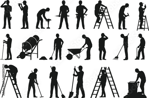 Construction worker silhouettes set, laborers using tools, builders on ladders, cleaning and digging poses, industrial workforce illustration for projects and designs
