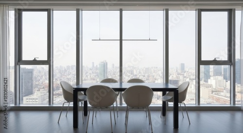 Modern dining area with panoramic city view and minimalist decor