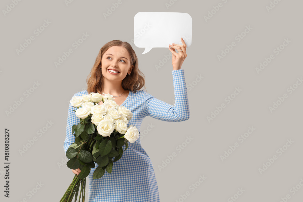 © Pixel-Shot - Beautiful young woman with bouquet of white roses and blank speech bubble on grey background © Pixel-Shot - Beautiful young woman with bouquet of white roses and blank speech bubble on grey background