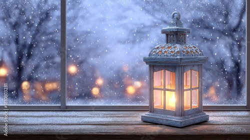Cozy Lantern Glow on Snowy Window Sill Winter Evening Warm Light Out of Focus Cityscape Outside