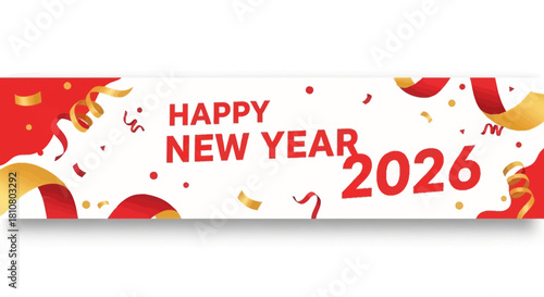 Celebrate New Year 2026 with festive red and gold ribbons and confetti, perfect for holiday greetings, invitations, and social media banners.