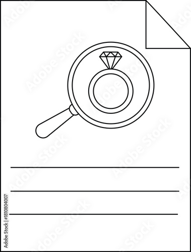 A drawing of a ring with a large gemstone under a magnifying glass on a page with lines