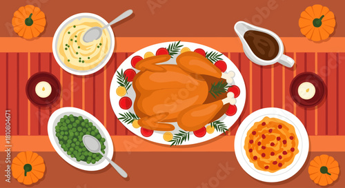 A flat-lay vector illustration of a traditional Thanksgiving feast features a roasted turkey, mashed potatoes, peas, sweet potatoes, and gravy arranged on a warm, striped autumn table runner