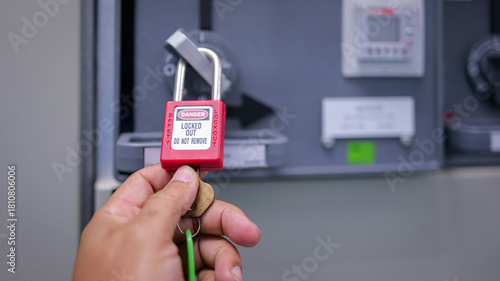 LOTO safety lock, red danger padlock, equipment lockout, maintenance protection, energy isolation device