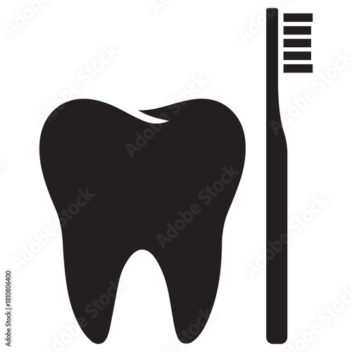Tooth With Toothbrush Flat Black Vector Silhouette Minimal Dental Cleaning Icon EPS