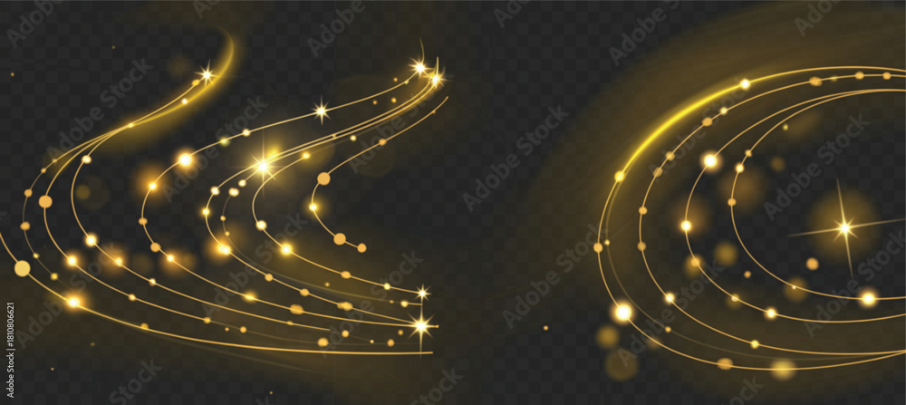 Obraz premium Golden light trails vector with glittering particles and sparkling stars on transparent background