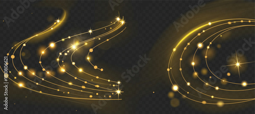 Golden light trails vector with glittering particles and sparkling stars on transparent background