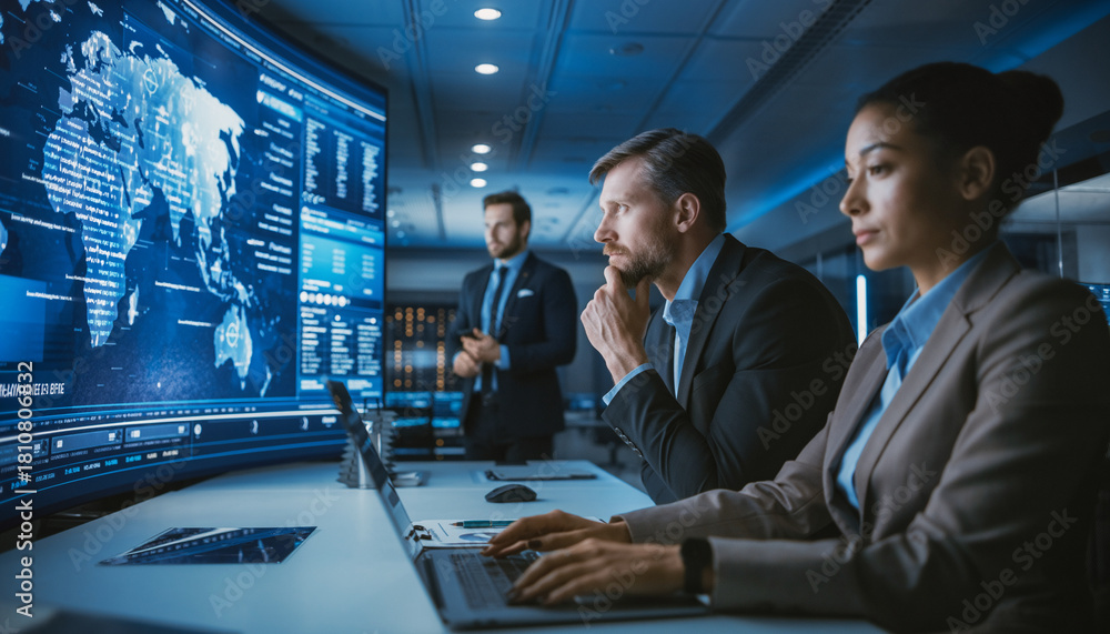 Naklejka premium Executives reviewing global strategy on large interactive screen in high tech control room, analyzing data and discussing international business operations, focused and professional atmosphere