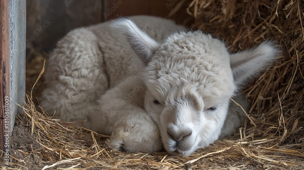 Obraz premium Sleeping Alpaca Cub in Hay Indoor Animal Portrait Close-up