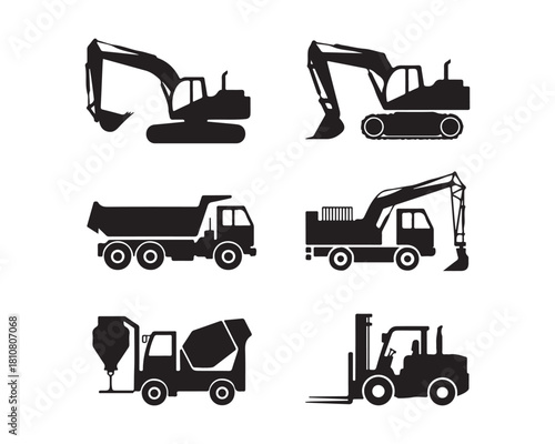 construction vehicles silhouette, construction vector set, heavy vehicles silhouette, excavator silhouette, bulldozer silhouette, crane silhouette, dump truck silhouette, loader silhouette,