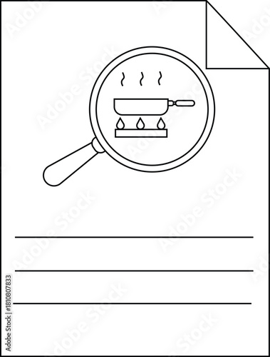 Magnifying glass over cooking pan with steam on paper with three lines for writing