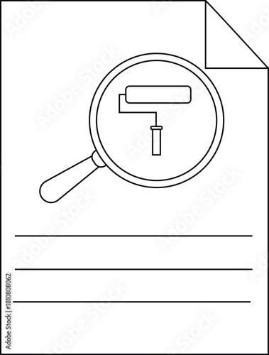 Page image Paint roller under magnifying glass with three horizontal lines and a folded upper right corner