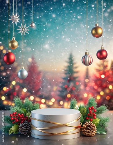 Merry Christmas banner with stage product display cylindrical shape and festive decoration for Christmas holiday concept.