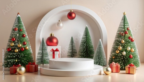 Merry Christmas banner with stage product display cylindrical shape and festive decoration for Christmas holiday concept.