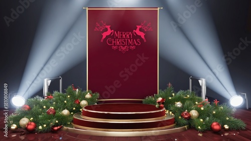 Merry Christmas banner with stage product display cylindrical shape and festive decoration for Christmas holiday concept.