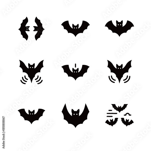 Bat Black Silhouette Icon Set Showing Different Wings and Echolocation Symbols