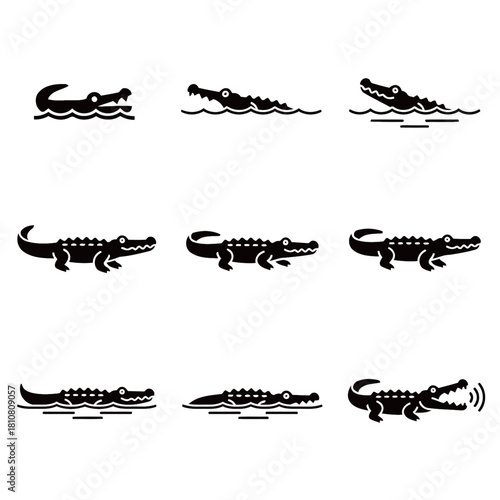 Black Silhouette Crocodile and Alligator Icon Set Swimming and Walking