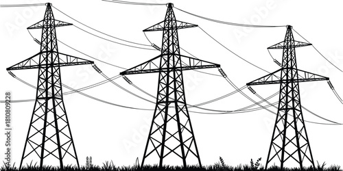 High voltage power line towers, electricity transmission pylons silhouette, energy infrastructure illustration, industrial utility grid system with cables