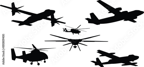 Military aircraft silhouettes set, helicopters, tilt-rotor planes, transport airplanes, aviation rotorcraft icons, aerospace flight illustration for engineering and defense designs
