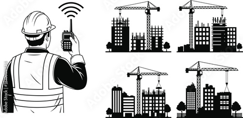 Construction site, building development, tower crane, safety communication, hard hat worker, scaffolding, urban planning, architecture, site management, walkie-talkie, signal, black and white,