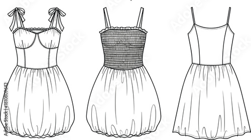 Dress design, fashion sketch, garment illustration, bodice styles, flared skirt, strap variation, sewing pattern, cad drawing, flat vector, sweetheart neckline, smocked bodice, princess seam