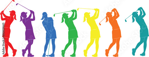 Golf swing silhouette, colorful golf poses, sports motion art, dynamic athlete illustration, vibrant golf action, golf training vector, golfing stages