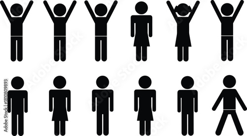 Human icons, gender symbols, silhouette figures, male female posture, UI design, dress and pants, standing pose, black vector