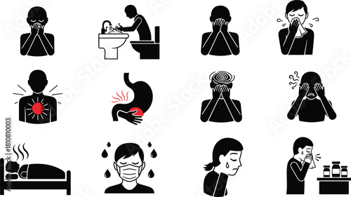 Illness symptoms, hygiene actions, flu prevention, fever care, headache icon, stomach pain, dizziness, mask use, medicine, health awareness, virus