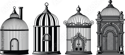 Ornate birdcage designs, architectural miniatures, vintage cages, decorative structures, dome tops, scrollwork, palace style, classical forms, artistic cages, elegant detailing