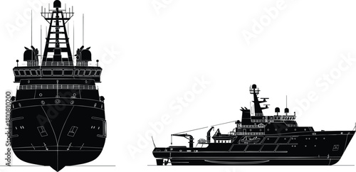 Ship silhouette, front view, side view, naval vessel, research ship, maritime equipment, radar dome, lifeboat, ocean transport, black illustration