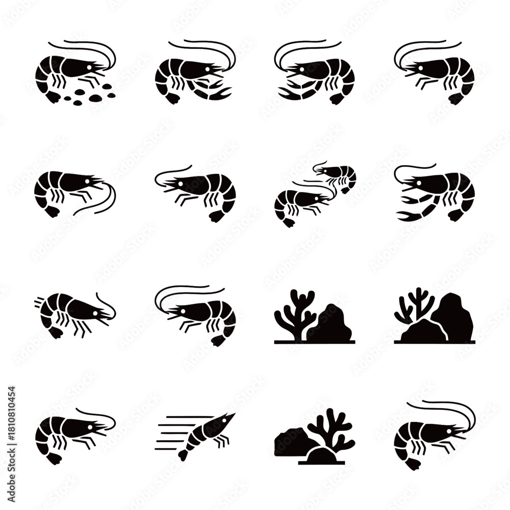 Obraz premium Shrimp Prawn Black Silhouette Icons with Coral and Marine Plants