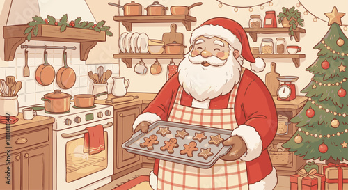 Santa Baking Cookies
Whimsical vector illustration of Santa Claus in a cozy kitchen, wearing apron, holding a tray of Christmas cookies, warm color palette, soft linework, friendly festive mood.