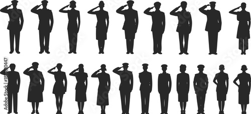 Military men and women silhouettes saluting, uniformed army personnel, disciplined service members, armed forces illustration set, patriotic soldier icons collection