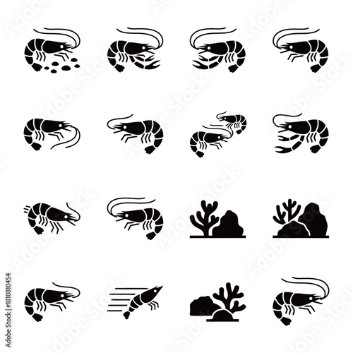 Shrimp Prawn Black Silhouette Icons with Coral and Marine Plants