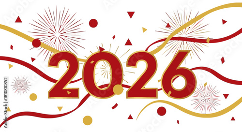 Celebrate 2026 with festive fireworks and ribbon design, perfect for new year promotions and event announcements, a modern and vibrant design element