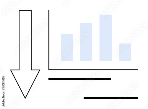 Vertical arrow pointing downward next to bar graph with decreasing metrics. Ideal for business analysis, data visualization, financial downturn, market decline, trend report, economics, simple flat
