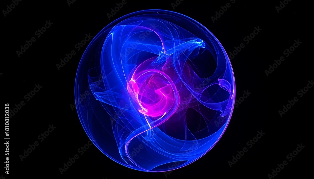 Fototapeta premium Vibrant 3d sphere of purple and blue waves and glowing particles. Abstract technology concept, Artificial Intelligence, engineering, big data, machine learning. Glowing energy orb on black.