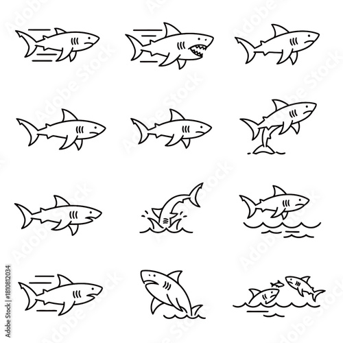Outline Shark Icons Set in Various Action Poses Including Speed and Jumping