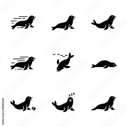 Sea Lion and Seal Black Icons Set in Various Poses Running and Sleeping