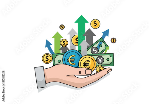 Hand holding various international currencies with upward arrows, symbolizing strong financial growth, successful investments, increasing savings, and wealth accumulation strategy