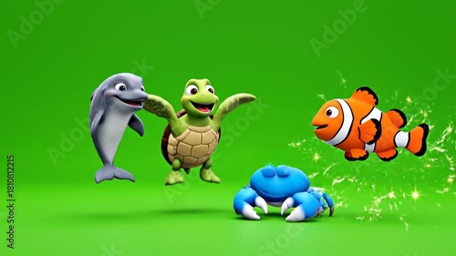 Wallpaper Mural Vibrant 3D Cartoon Ocean Friends: Dolphin, Turtle, Clownfish, Crab on Green Screen Torontodigital.ca