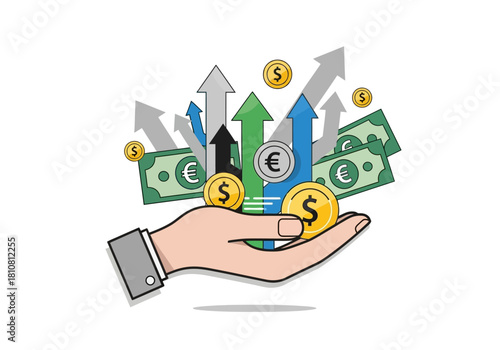 Hand holding money and arrows indicating growth, representing financial investment and progress