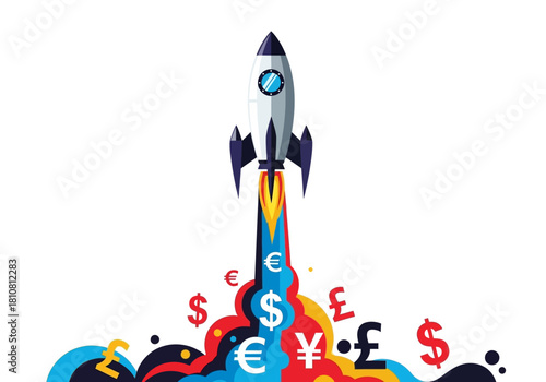 Concept of rapid financial growth, investment success, and economic takeoff illustrated by a rocket launching with a trail of currency symbols