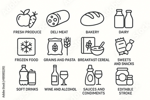 Grocery food and product categories line icon set with items like fruits, meat, pasta and beverages. Vector illustration pictograms of snacks, candy, sauces, cereal, grains, wine, editable stroke.