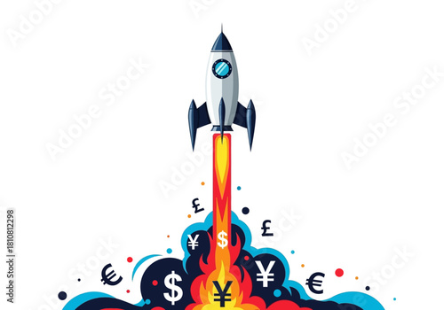 Vector illustration of a rocket launching with currency symbols, representing a financial startup and business growth concept