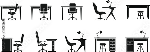 Office furniture silhouette illustration set, desk and chair vector, black icons, workspace design, lamp setup, interior artwork
