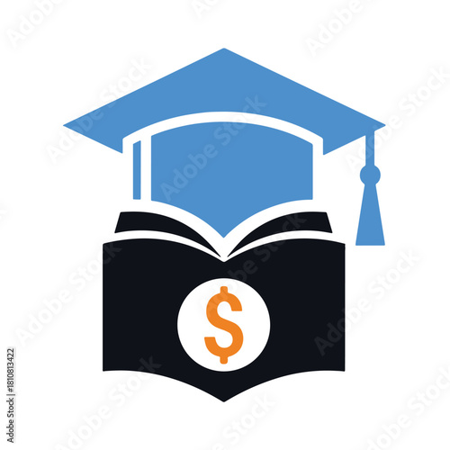 Blue graduation cap atop open book with orange dollar sign vector