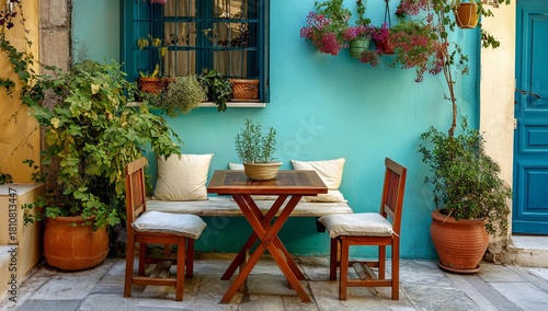 Fototapeta Naklejka Na Ścianę i Meble -  Wooden table and chairs on turquoise patio with potted plants